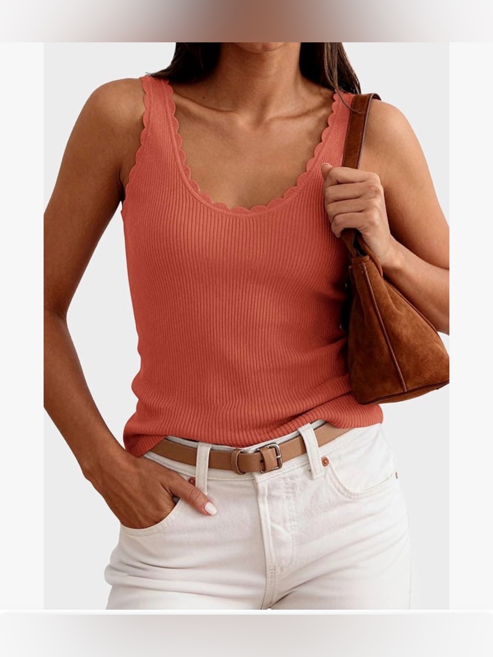 Set of 3. Scallop Trim Ribbed Tank Top in Terracotta, White, and Pink.